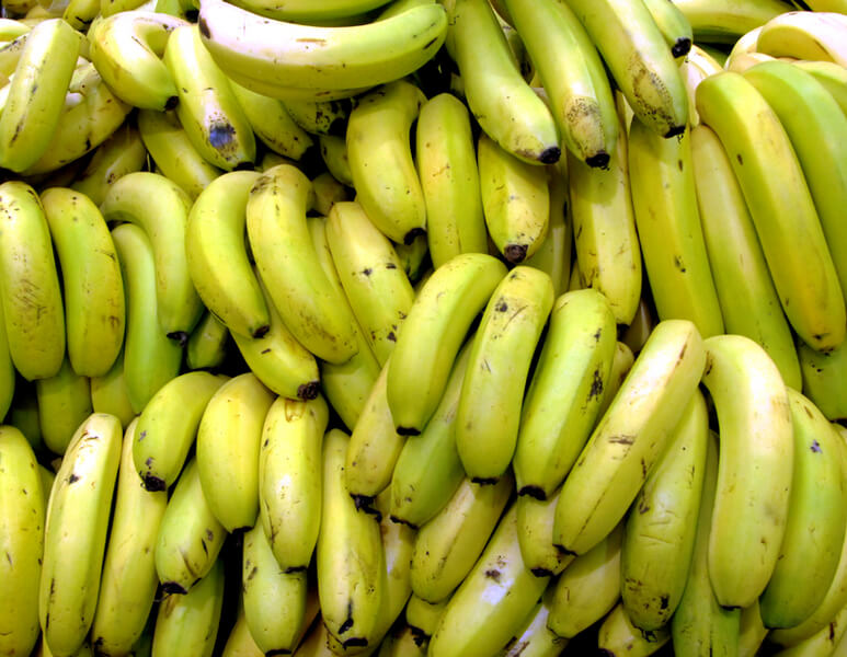 Fruit Stand at grocer with green yellow banana bunches
