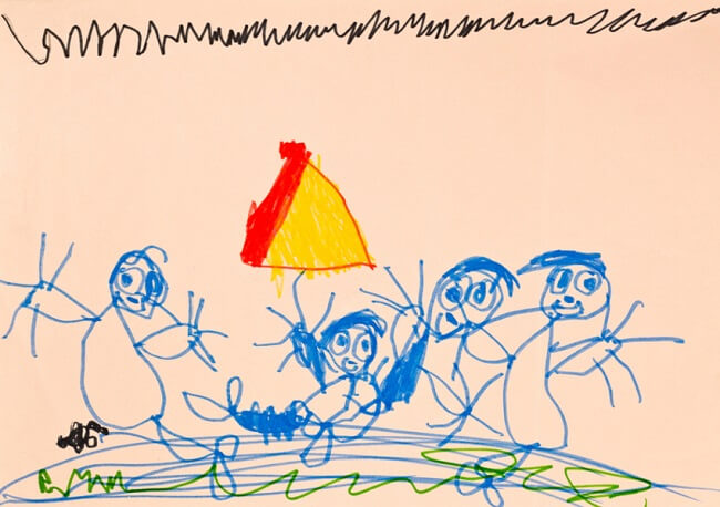 childs drawing - happy family in tourist camping